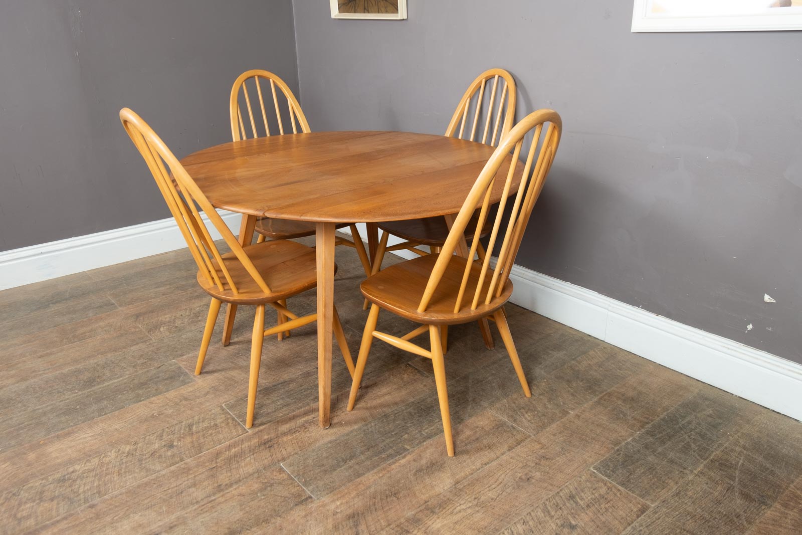 Vintage Ercol Light Elm Oval Drop Leaf Dining Table and 4 Quaker Chairs