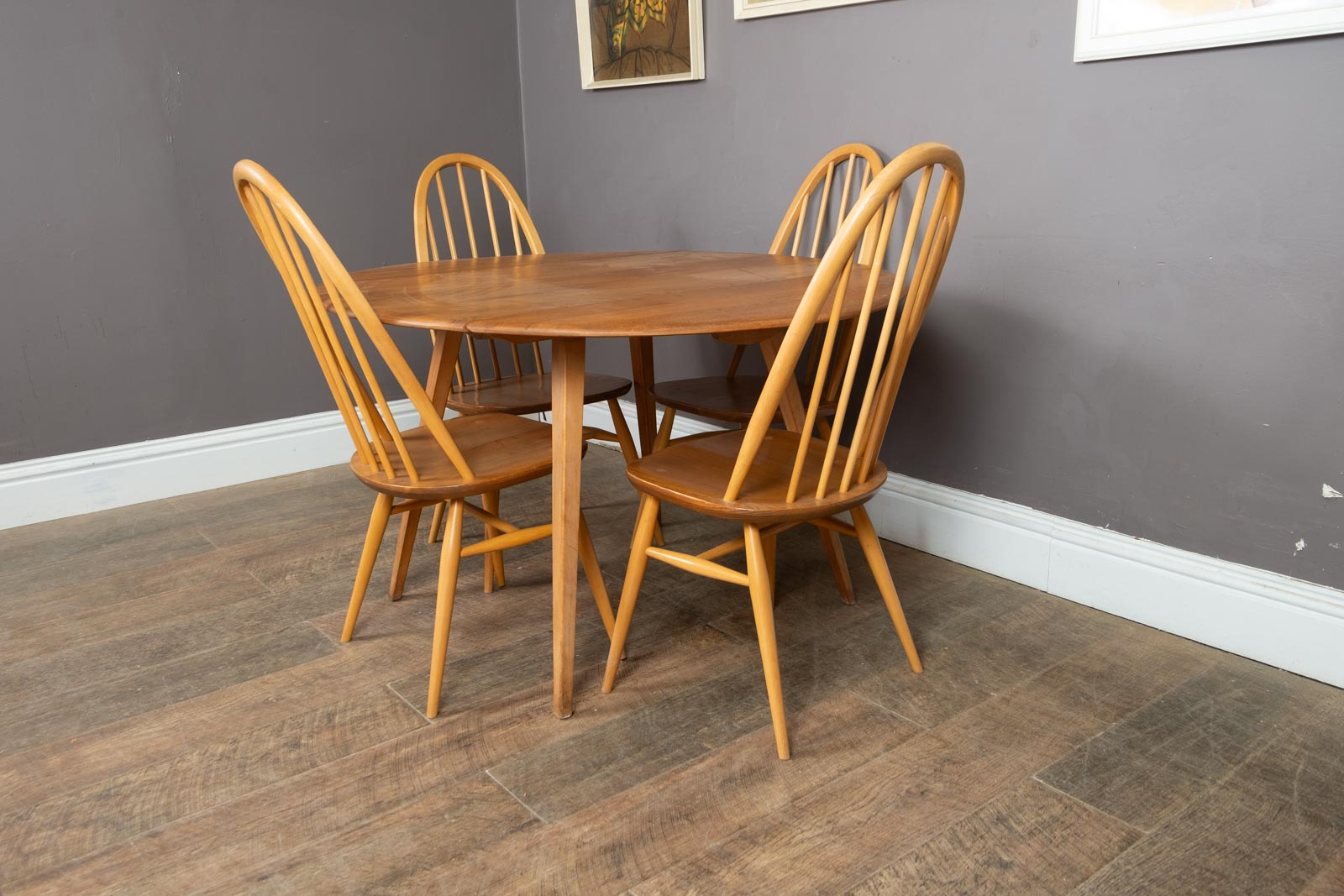 Vintage Ercol Light Elm Oval Drop Leaf Dining Table and 4 Quaker Chairs