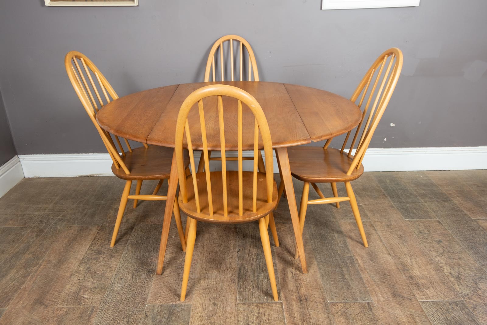 Vintage Ercol Light Elm Oval Drop Leaf Dining Table and 4 Quaker Chairs