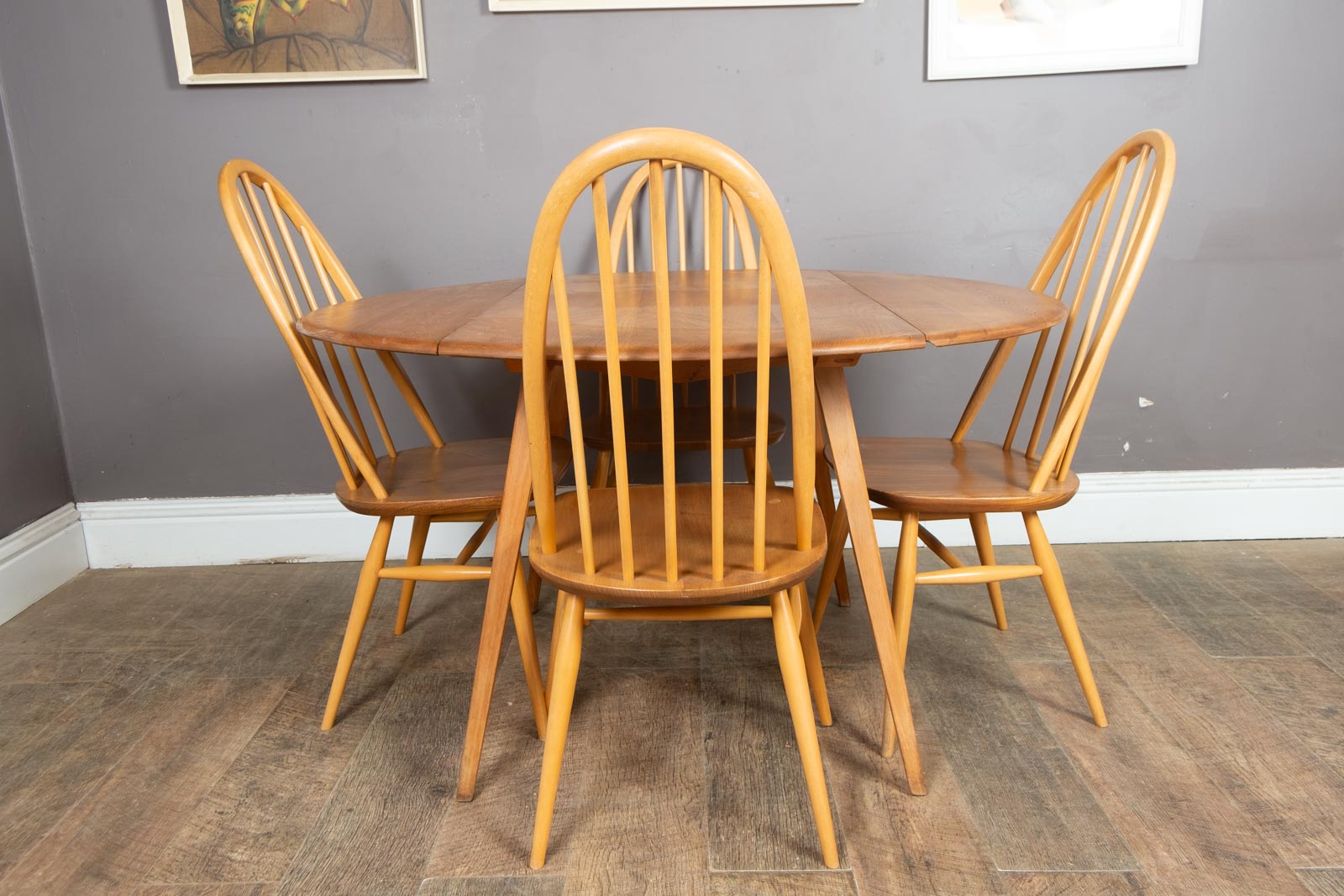 Vintage Ercol Light Elm Oval Drop Leaf Dining Table and 4 Quaker Chairs
