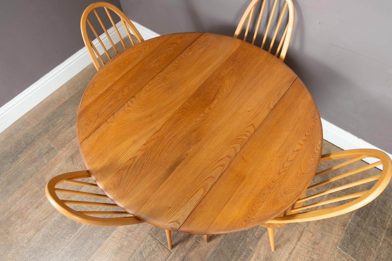 Vintage Ercol Light Elm Oval Drop Leaf Dining Table and 4 Quaker Chairs