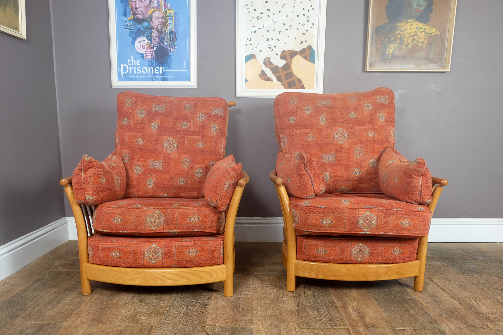 Vintage Retro Pair of Ercol Renaissance Light Elm Armchairs