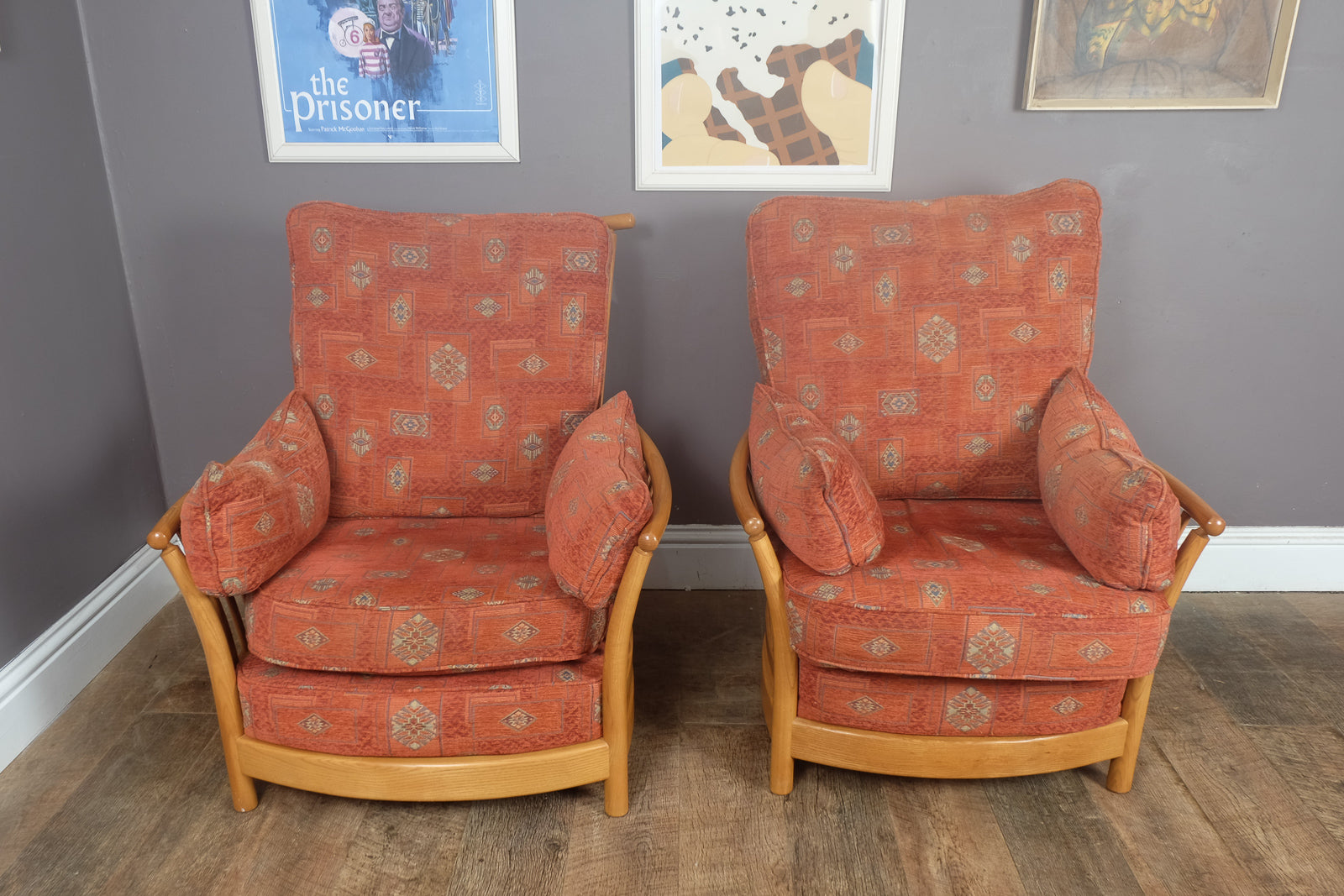 Vintage Retro Pair of Ercol Renaissance Light Elm Armchairs